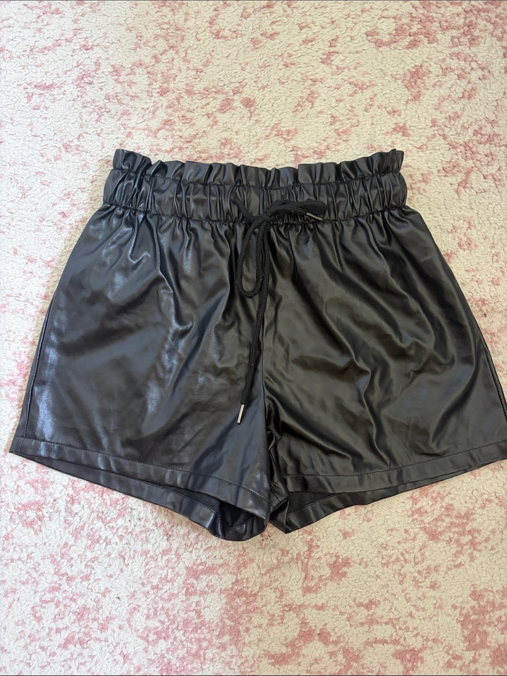 SHEIN Black Faux Leather High-Waist Drawstring Shorts